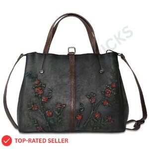 Genuine Leather Satchel Hobo Bag Vintage Embossed Top Handle Crossbody Purse